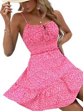 Shein Soleia Hot Pink Floral Ditzy Print Ruched Waist Spaghetti Straps Sun Dress
